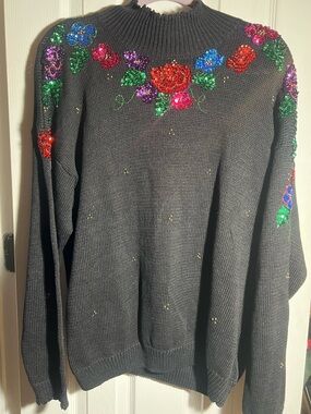 Vintage Maggie Lawrence Black Floral Sequin Knit Sweater